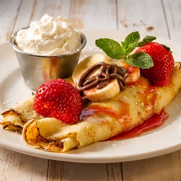 Crepe with strawberries, banana slices, chocolate drizzle, strawberry sauce, mint, and whipped cream.