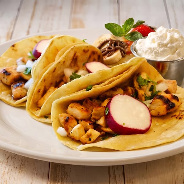 Three tacos on a white plate: two chicken tacos and one dessert taco with banana and whipped cream.