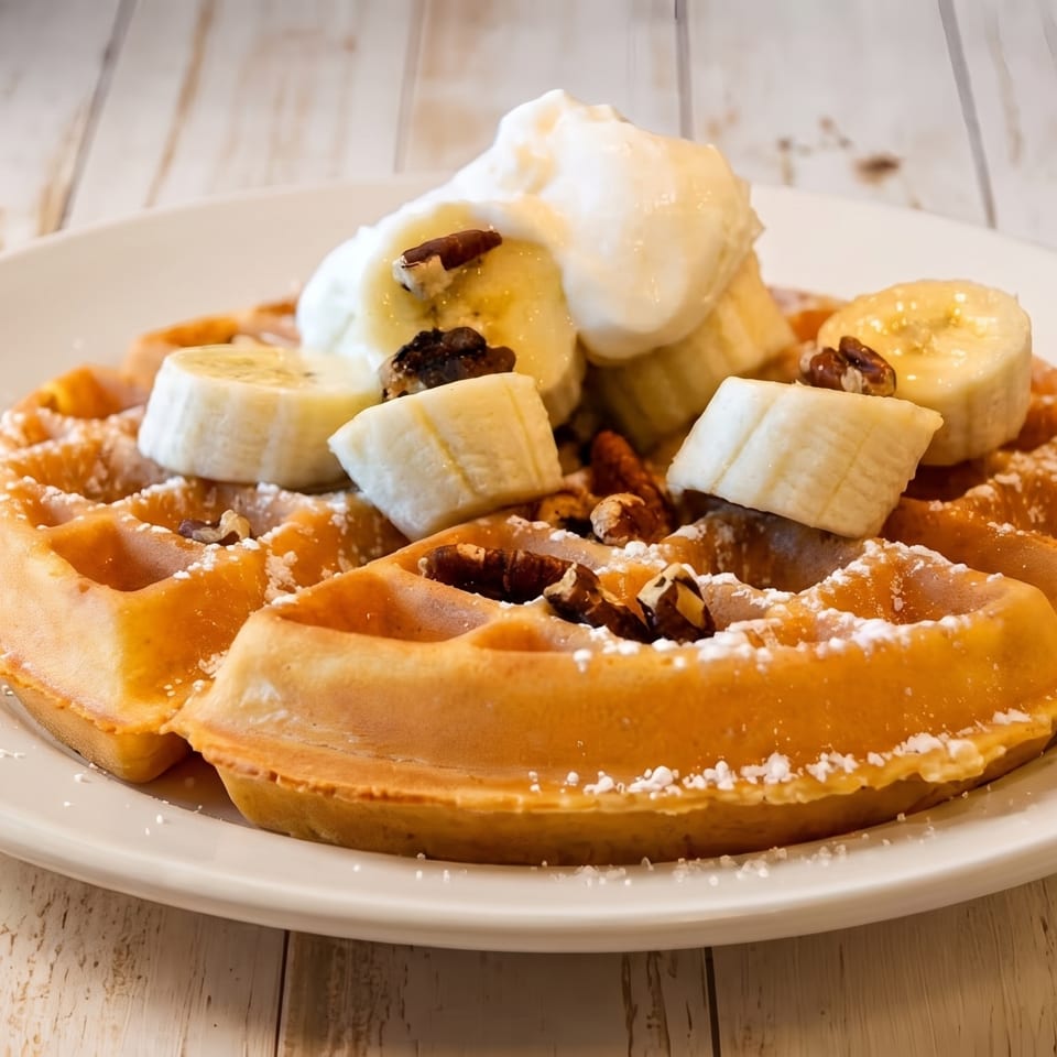 Golden waffle topped with sliced bananas, whipped cream, and pecans on a white plate.