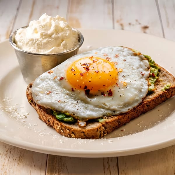 A fried egg with chili flakes on avocado toast, served with a side of whipped cream.